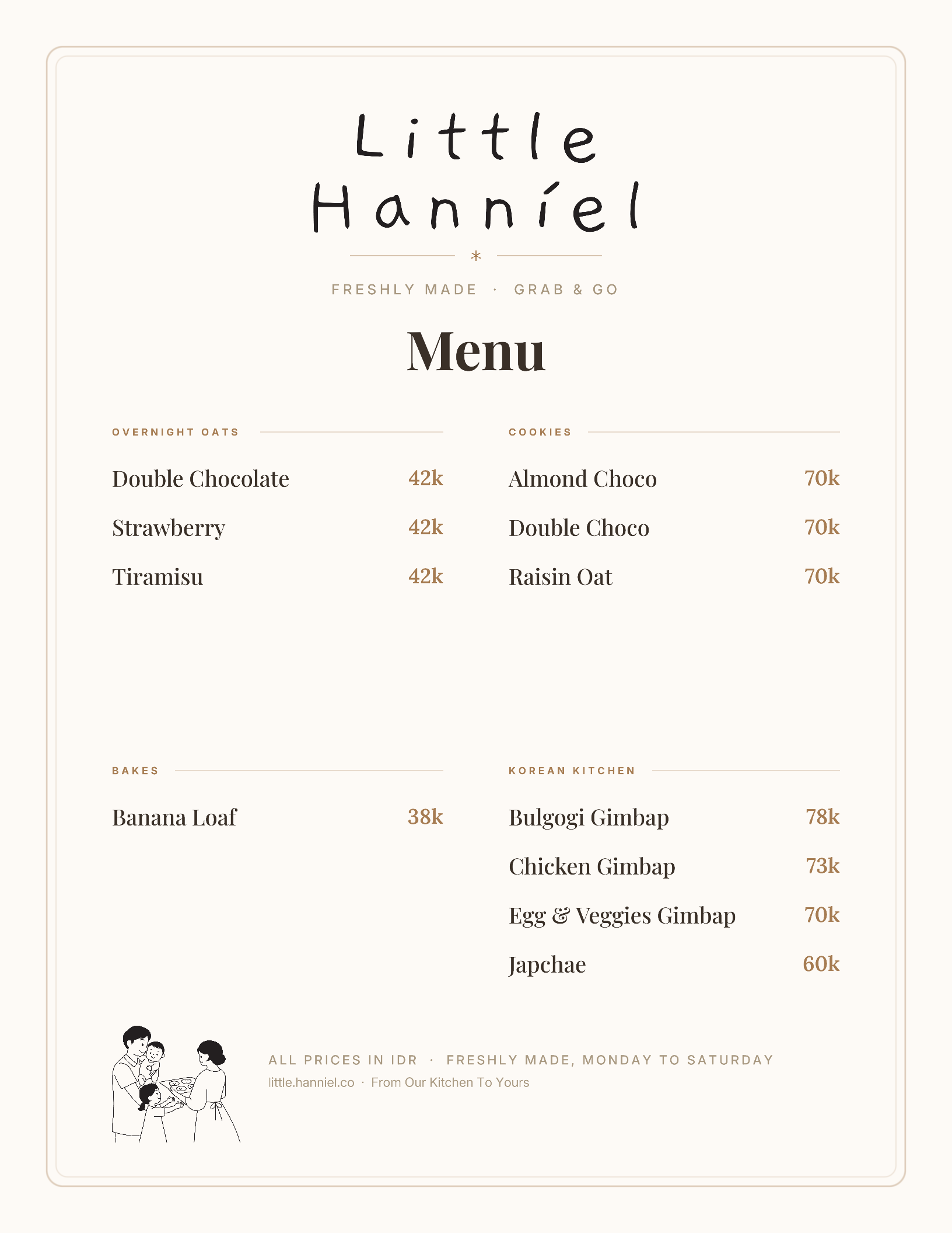 Little Hanniel menu card — Overnight Oats, Cookies, Bakes, and Korean kitchen items, with prices in IDR. From our kitchen to yours.